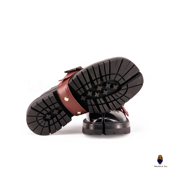 WoodchuckSato Black Fold-Heel Edge-Beaded Cowhide Leather Tabi Loafers with Removable Red Strap and Chunky Sole