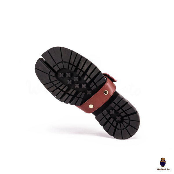 WoodchuckSato Black Fold-Heel Edge-Beaded Cowhide Leather Tabi Loafers with Removable Red Strap and Chunky Sole