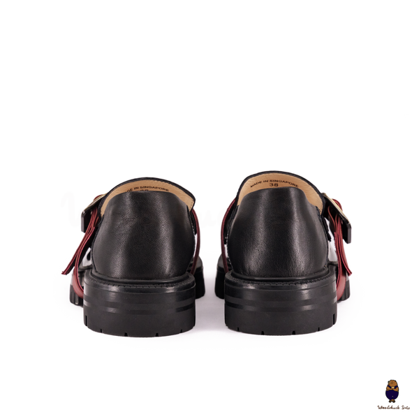 WoodchuckSato Black Fold-Heel Edge-Beaded Cowhide Leather Tabi Loafers with Removable Red Strap and Chunky Sole