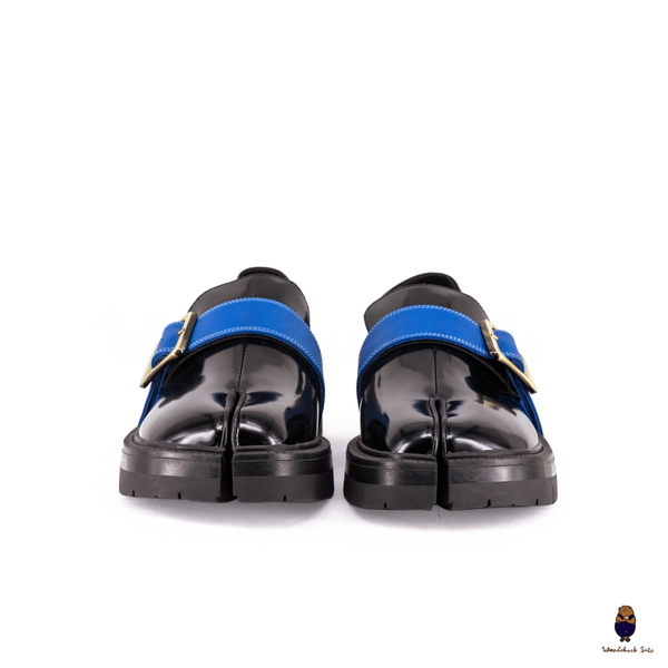 WoodchuckSato Black Fold-Heel Edge-Beaded Cowhide Leather Tabi Loafers with Removable Blue Strap and Chunky Sole