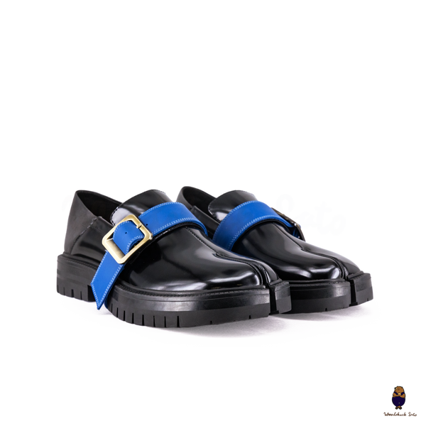 WoodchuckSato Black Fold-Heel Edge-Beaded Cowhide Leather Tabi Loafers with Removable Blue Strap and Chunky Sole