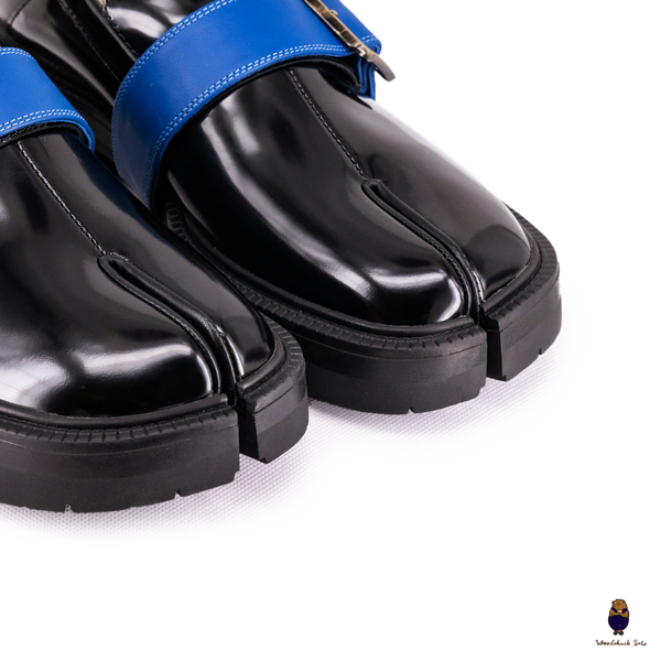WoodchuckSato Black Fold-Heel Edge-Beaded Cowhide Leather Tabi Loafers with Removable Blue Strap and Chunky Sole