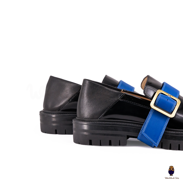 WoodchuckSato Black Fold-Heel Edge-Beaded Cowhide Leather Tabi Loafers with Removable Blue Strap and Chunky Sole