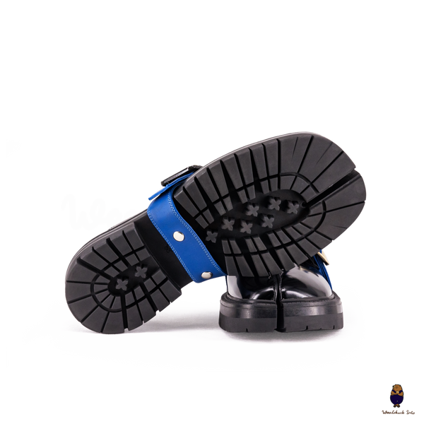 WoodchuckSato Black Fold-Heel Edge-Beaded Cowhide Leather Tabi Loafers with Removable Blue Strap and Chunky Sole