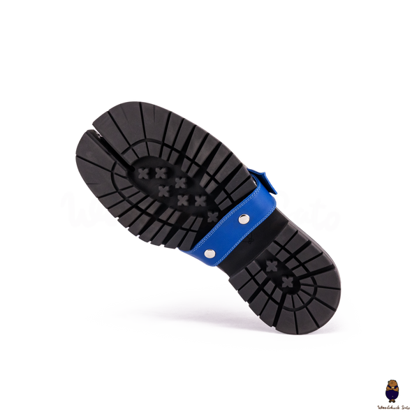 WoodchuckSato Black Fold-Heel Edge-Beaded Cowhide Leather Tabi Loafers with Removable Blue Strap and Chunky Sole