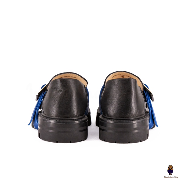 WoodchuckSato Black Fold-Heel Edge-Beaded Cowhide Leather Tabi Loafers with Removable Blue Strap and Chunky Sole
