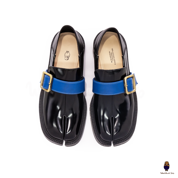 WoodchuckSato Black Fold-Heel Edge-Beaded Cowhide Leather Tabi Loafers with Removable Blue Strap and Chunky Sole