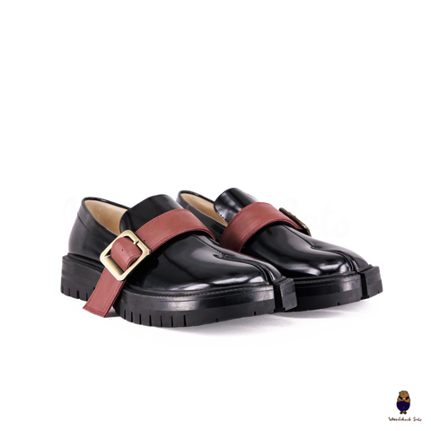 WoodChuckSato Women's Men's Black Tabi Split-Toe Cow Leather Loafers with Chunky Cleated Sole Detachabl Red Buckle Strap Sizes EU 35-47