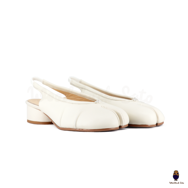 WoodchuckSato White Leather Fold Tabi Slingback Shoes with 3 cm Heel