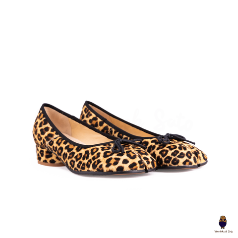WoodChuckSato Women's Leopard Print Tabi Split-Toe Pony Hair Mary Jane Shoes with 3cm Heel & Bow Sizes EU 35–45