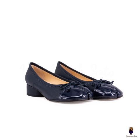 WoodChuckSato Women's Navy Tabi Split-Toe Sheep Leather and Patent Leather Mary Jane Shoes with 3cm Heel & Bow Sizes EU 35-45