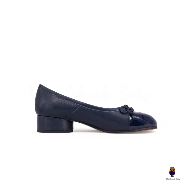 WoodChuckSato Navy Tabi Split-Toe Patent Cow Leather Mary Jane Shoes with 3cm Heel & Bow