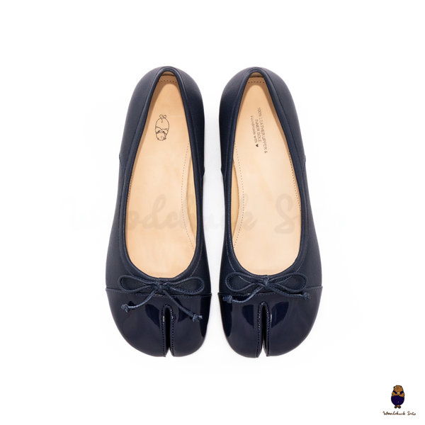 WoodChuckSato Navy Tabi Split-Toe Patent Cow Leather Mary Jane Shoes with 3cm Heel & Bow