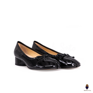 WoodChuckSato Black Patent Leather Tabi Ballet Heels with 3cm Block Heel with Bow