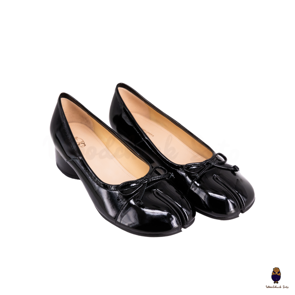 WoodChuckSato Black Patent Leather Tabi Ballet Heels with 3cm Block Heel with Bow
