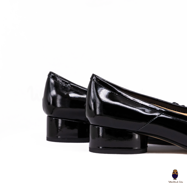 WoodChuckSato Black Patent Leather Tabi Ballet Heels with 3cm Block Heel with Bow