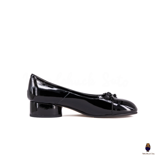 WoodChuckSato Black Patent Leather Tabi Ballet Heels with 3cm Block Heel with Bow