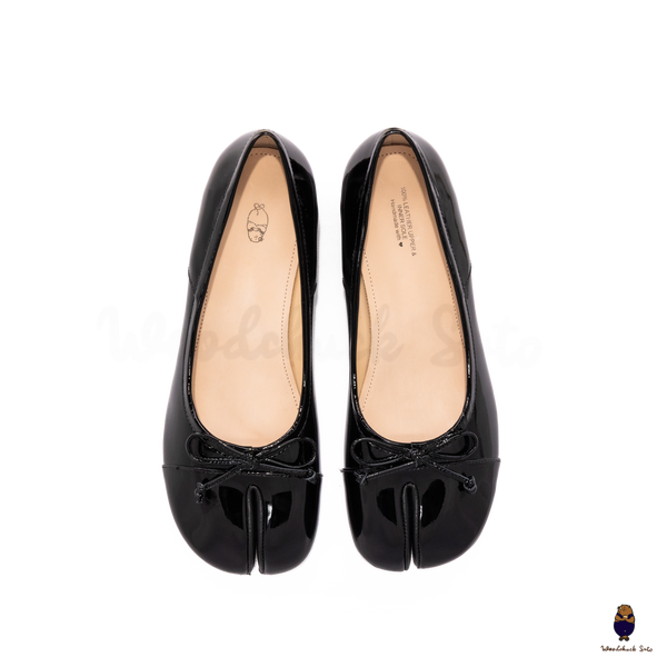 WoodChuckSato Black Patent Leather Tabi Ballet Heels with 3cm Block Heel with Bow