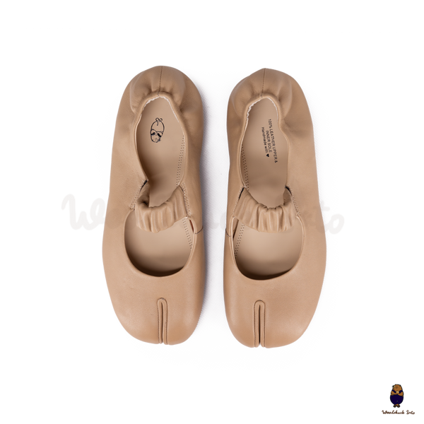 WoodchuckSato Camel Sheep Leather Elastic Tabi Ballet Flats