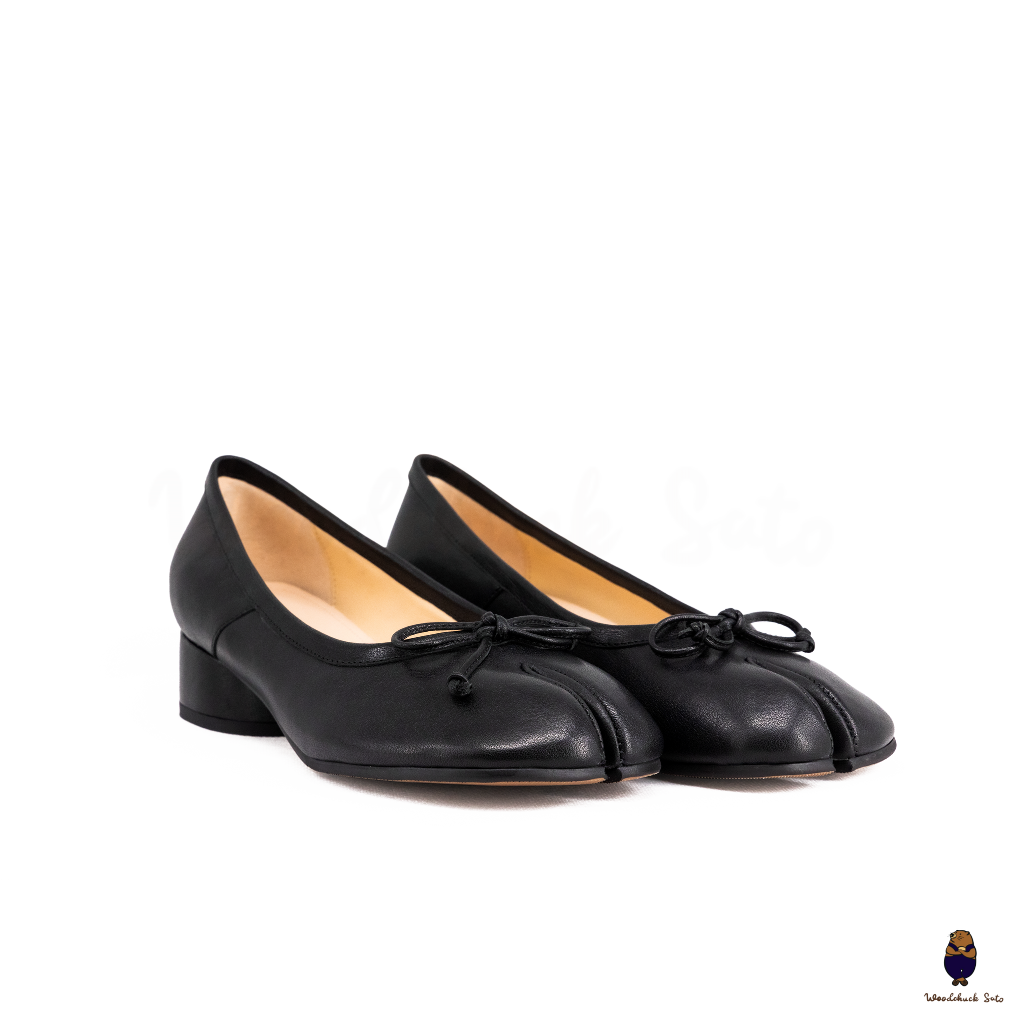 WoodChuckSato Women's Black Tabi Split-Toe Leather Mary Jane Shoes with 3cm Heel & Bow Sizes EU 35-45