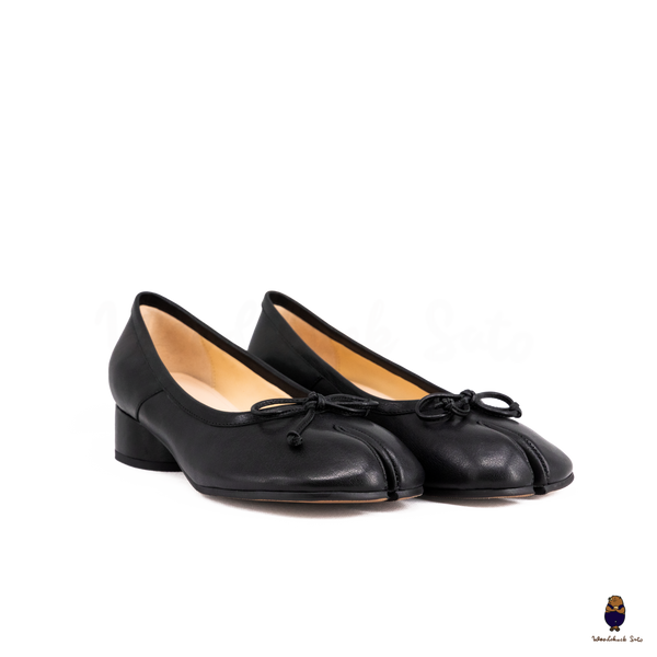 WoodChuckSato Women's Black Tabi Split-Toe Leather Mary Jane Shoes with 3cm Heel & Bow Sizes EU 35-45