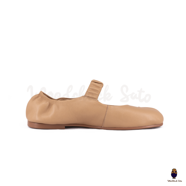 WoodchuckSato Camel Sheep Leather Elastic Tabi Ballet Flats