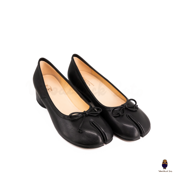 WoodChuckSato Women's Black Tabi Split-Toe Leather Mary Jane Shoes with 3cm Heel & Bow Sizes EU 35-45