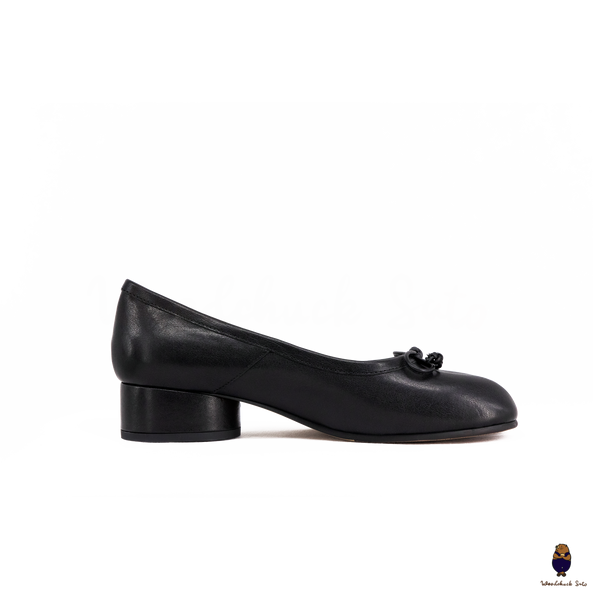 WoodChuckSato Women's Black Tabi Split-Toe Leather Mary Jane Shoes with 3cm Heel & Bow Sizes EU 35-45