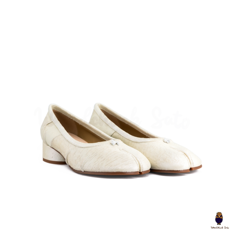 WoodChuckSato Women's Lvory Tabi Split-Toe Knife-Cut Cowhide Mary Jane Shoes with 3cm Heel & Ruched Detailing Sizes EU 35–45