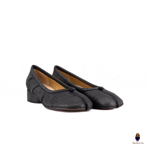 WoodChuckSato Women's Black Tabi Split-Toe Knife-Cut Cowhide Mary Jane Shoes with 3cm Heel & Ruched Detailing Sizes EU 35–45