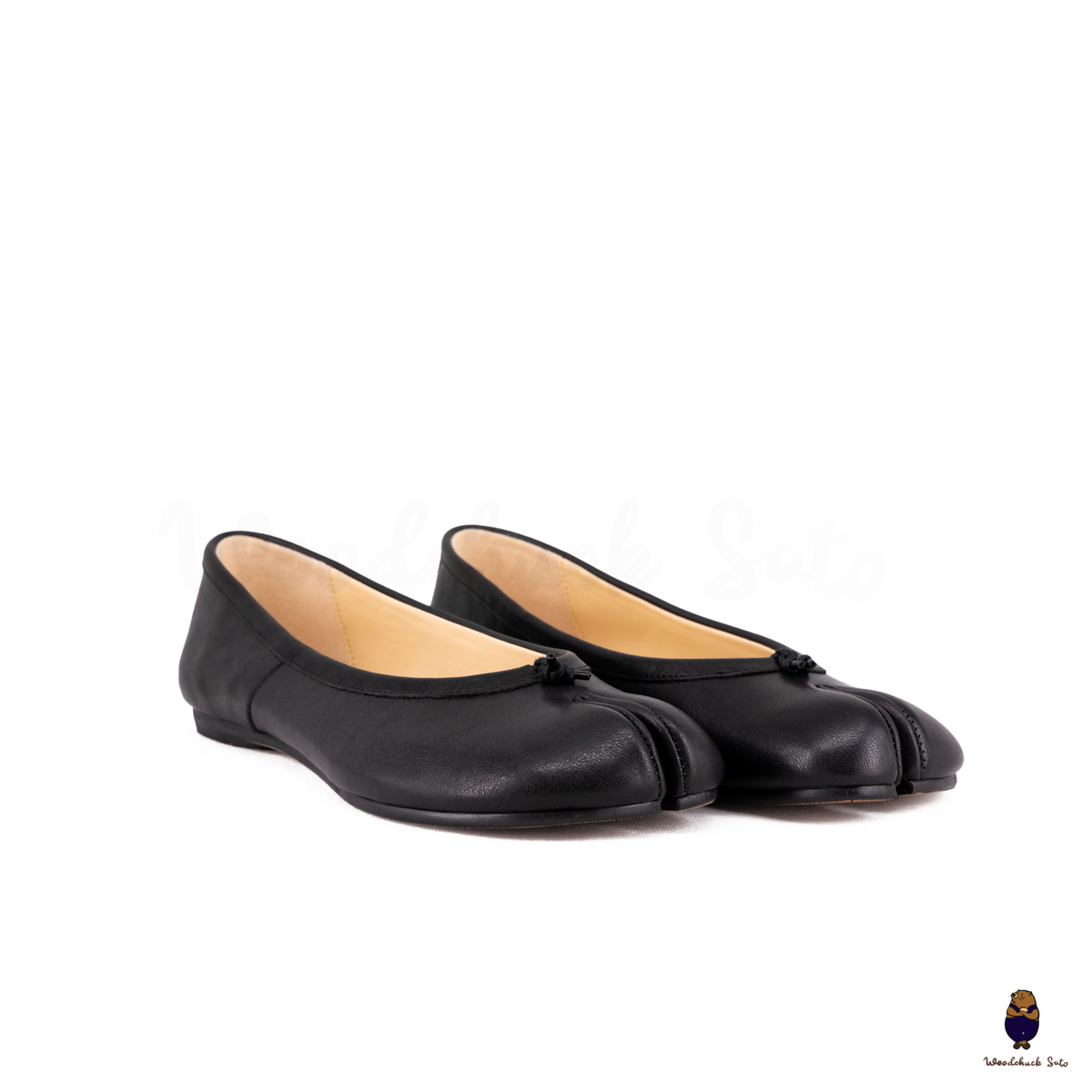 WoodChuckSato Women's Men's Black Tabi Split-Toe Leather Ballet Flats 
