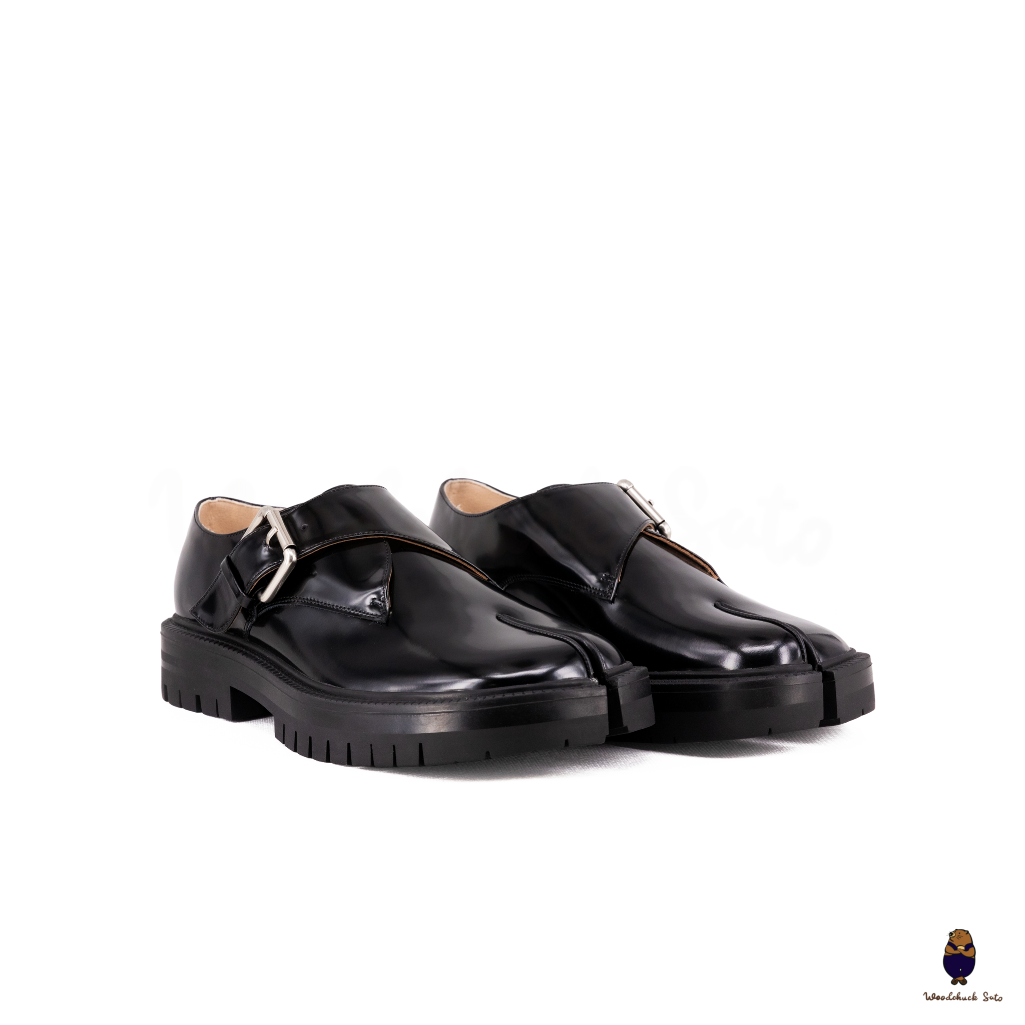 WoodChuckSato Black Cow Leather Split-Toe Tabi Shoes with Buckle Strap & Chunky Rubber Sole