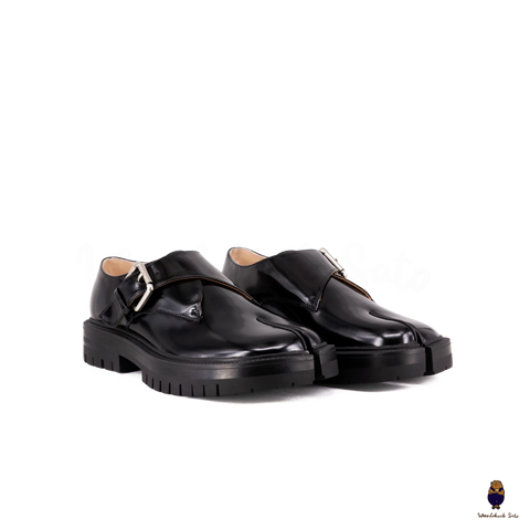 WoodChuckSato Women's Men's Black Cow Leather Split-Toe Tabi Shoes with Buckle Strap & Chunky Rubber Sole Sizes EU 35–47
