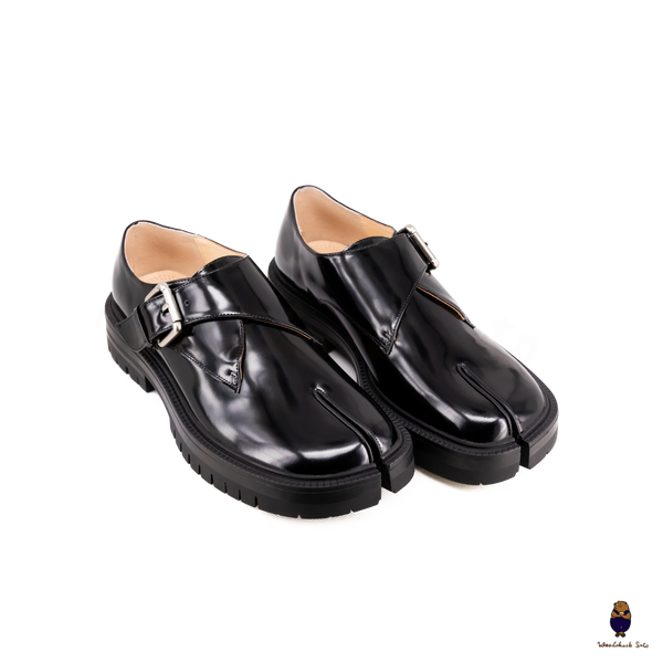 WoodChuckSato Black Cow Leather Split-Toe Tabi Shoes with Buckle Strap & Chunky Rubber Sole