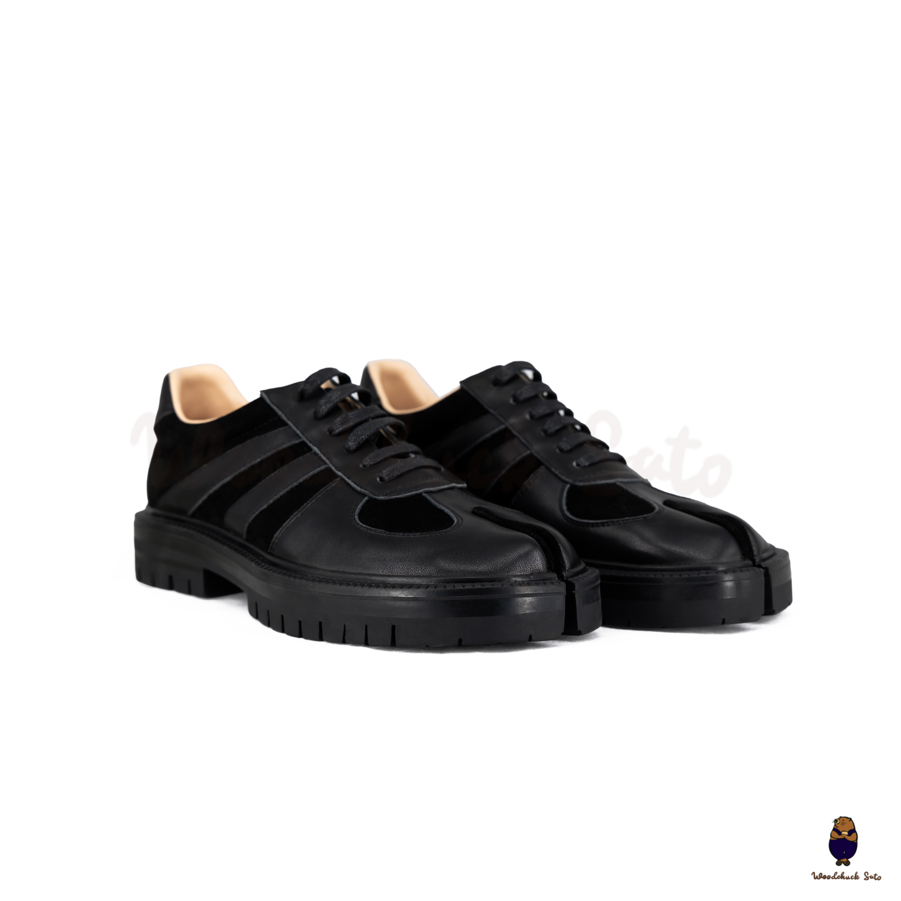 ARTS&SCIENCE Wood sabot サイズ4 黒 WoodchuckSato Black Leather & Suede Platform Tabi Lace-Up Shoes