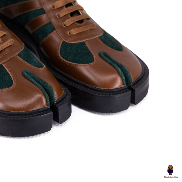 WoodchuckSato Brown Leather & Green Suede Platform Tabi Lace-Up Shoes