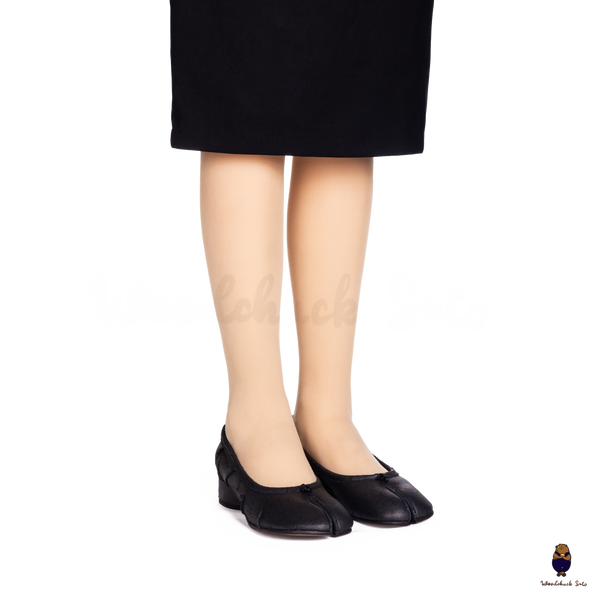 WoodChuckSato Black Tabi Split-Toe Knife-Cut Cowhide Mary Jane Shoes with 3cm Heel & Ruched Detailing