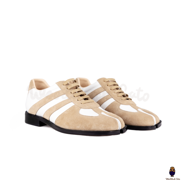 WoodchuckSato White Leather & Sand Suede Tabi Lace-Up Shoes