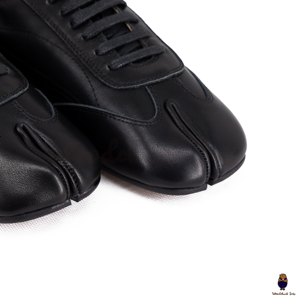 WoodchuckSato Black Cow Leather German Trainer Tabi Sneakers