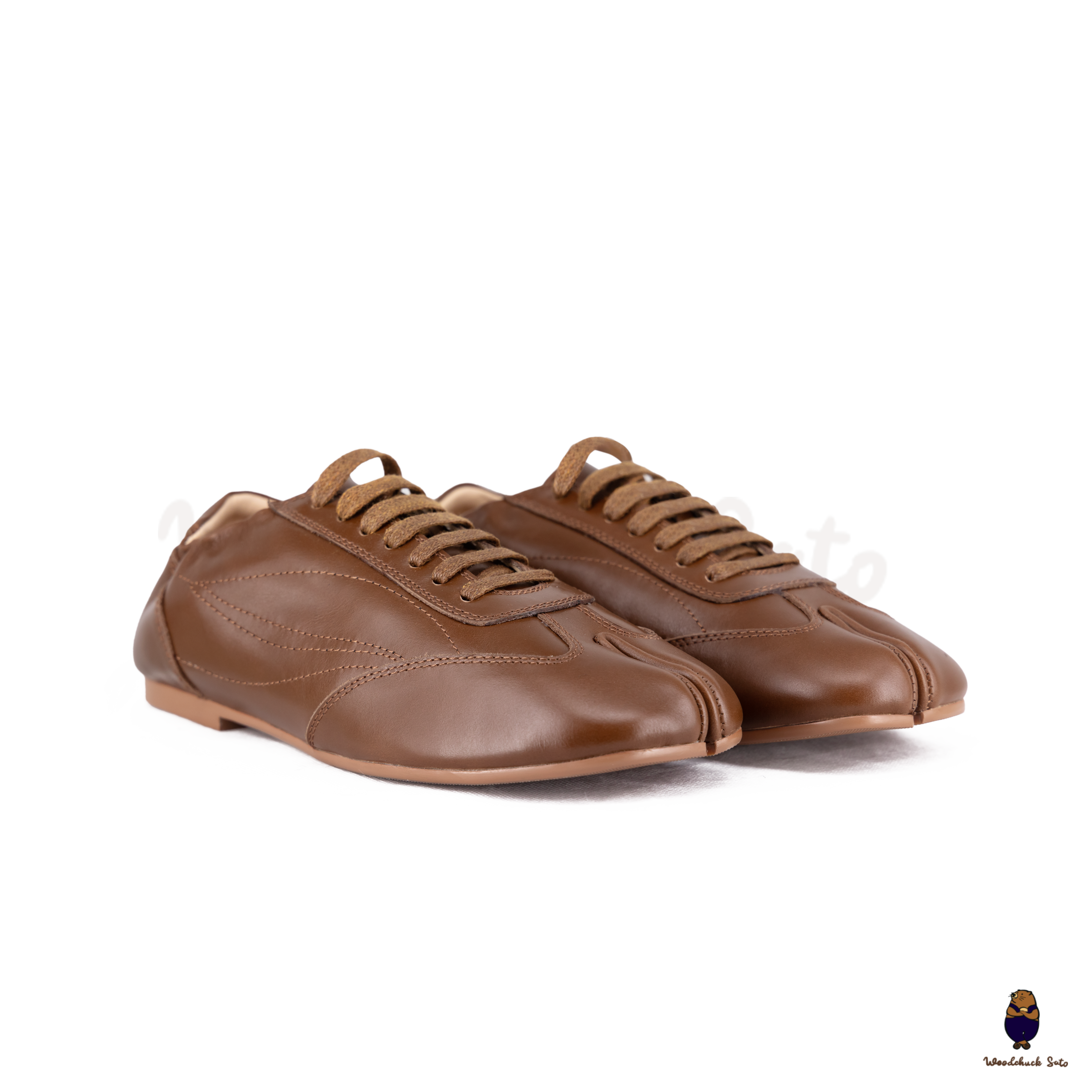 WoodchuckSato Brown Cow Leather German Trainer Tabi Sneakers
