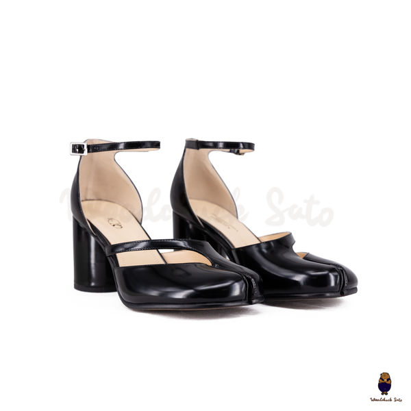 WoodchuckSato Black Film-Coated Cow Leather Tabi Ankle Strap 8 cm Heels