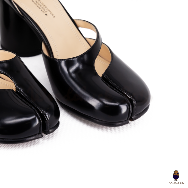 WoodchuckSato Black Film-Coated Cow Leather Tabi Ankle Strap 8 cm Heels