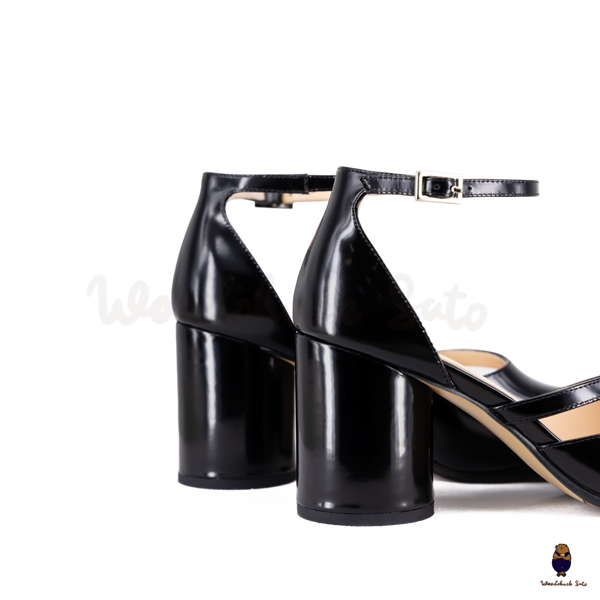 WoodchuckSato Black Film-Coated Cow Leather Tabi Ankle Strap 8 cm Heels