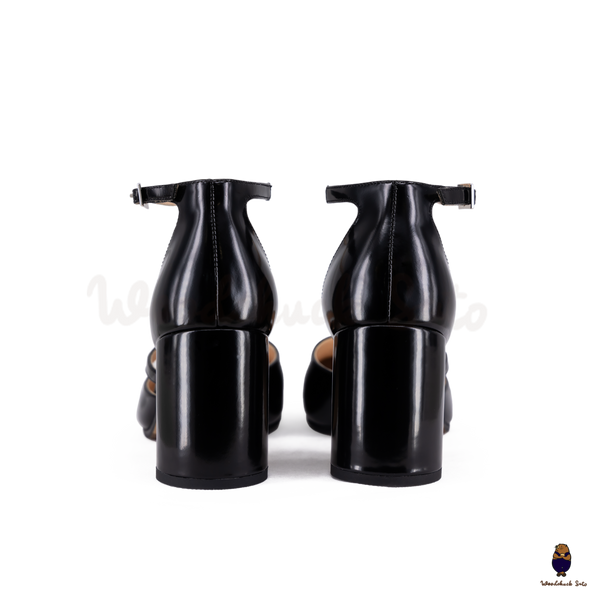 WoodchuckSato Black Film-Coated Cow Leather Tabi Ankle Strap 8 cm Heels