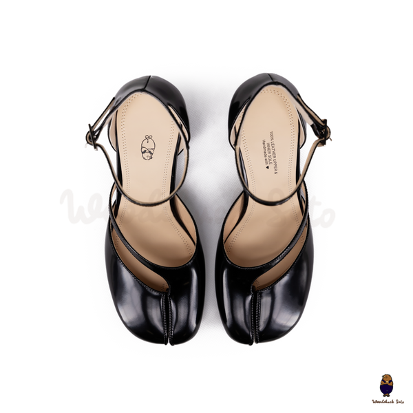 WoodchuckSato Black Film-Coated Cow Leather Tabi Ankle Strap 8 cm Heels