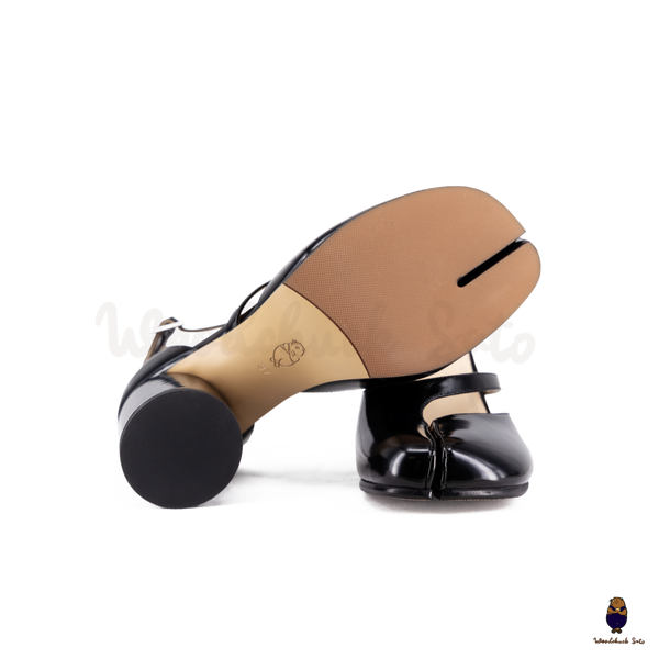 WoodchuckSato Black Film-Coated Cow Leather Tabi Ankle Strap 8 cm Heels