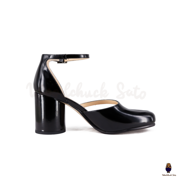 WoodchuckSato Black Film-Coated Cow Leather Tabi Ankle Strap 8 cm Heels
