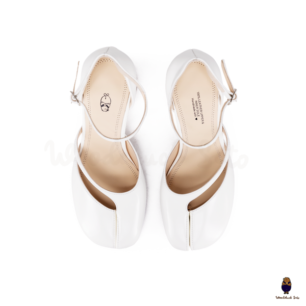 WoodchuckSato White Film-Coated Cow Leather Tabi Ankle Strap 8 cm Heel