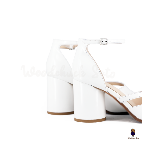 WoodchuckSato White Film-Coated Cow Leather Tabi Ankle Strap 8 cm Heel