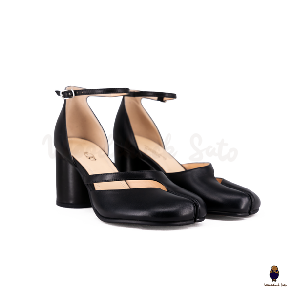 WoodchuckSato Black Matte Cow Leather Tabi Ankle-Strap 8 cm Heels